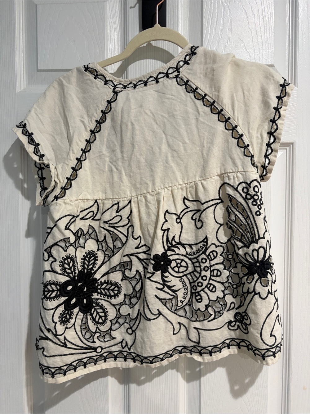 Cream Embroidered Short Sleeve Blouse with Black Floral Detail - Picture 6 of 7